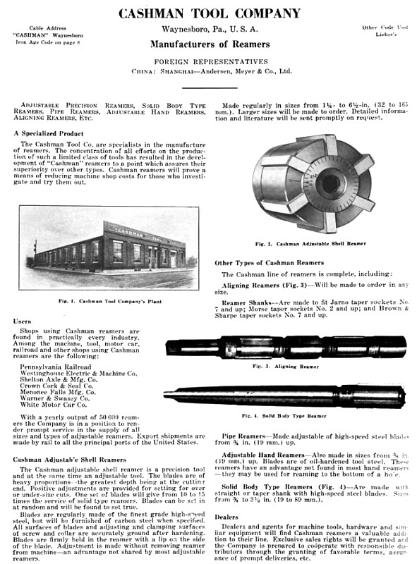 Cashman Tool Co. 1921 AdCashman Tool Co., Adjustable Shell Reamers