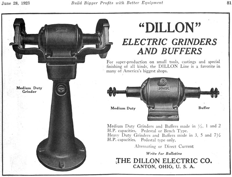 Dillon Electric Co. 1923 ad "Dillon" electric grinders and buffers