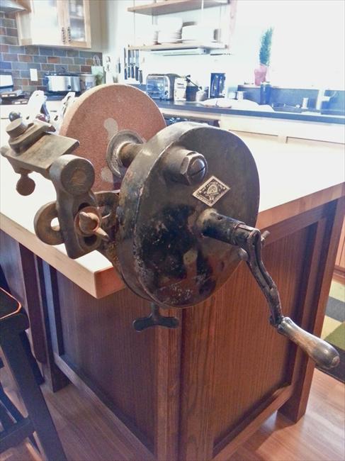 antique hand crank bench grinder, The Luther Lines tool grinder